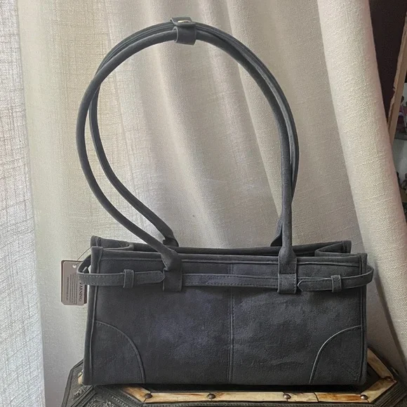 Blue Grey Vegan Suede East West Shoulder Bag - Picture 2 of 7